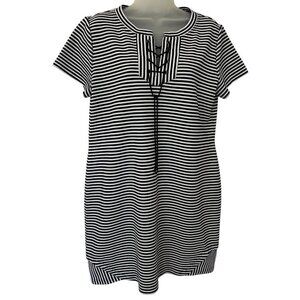 Cabi Captain Dress M Blue White Stripe Short Knit Coastal Nautical Beach Sailing